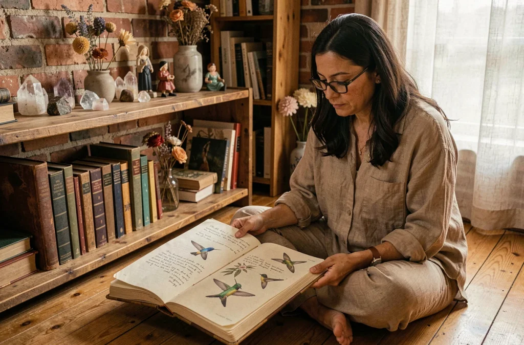 Femme contemplative étudiant un journal botanique illustré de colibris dans un bureau chaleureux, entourée de cristaux et de fleurs séchées