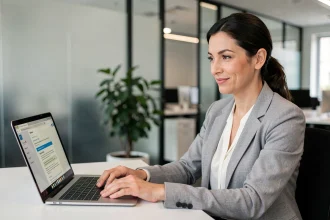 Femme professionnelle rédigeant un mail de remerciement sur son ordinateur portable dans un bureau moderne