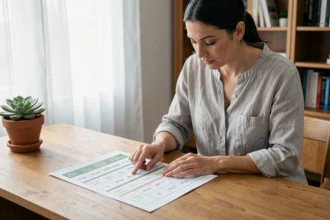 Femme consultant un tableau de conversion AM PM et format 24h sur son bureau en bois dans un bureau à domicile moderne