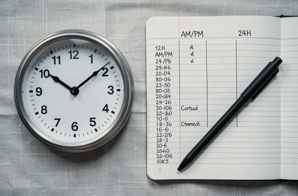 Vue du dessus d'une horloge analogique posée avec un carnet montrant un tableau de conversion entre AM PM et le format 24 heures