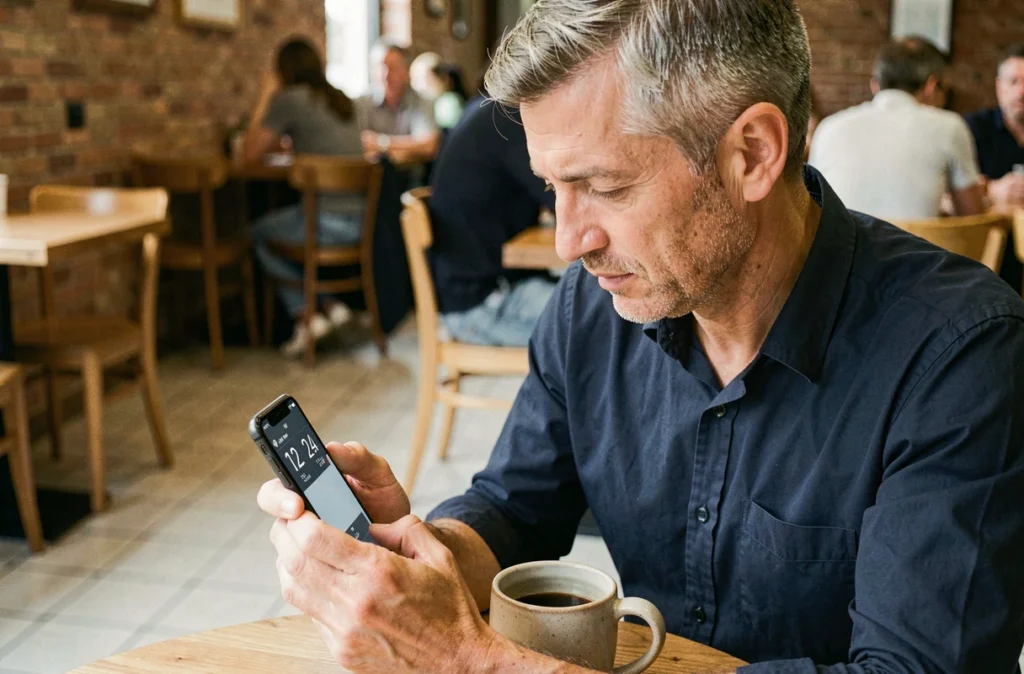 Homme dans un café regardant l'heure sur son smartphone avec affichage AM PM et format 24 heures