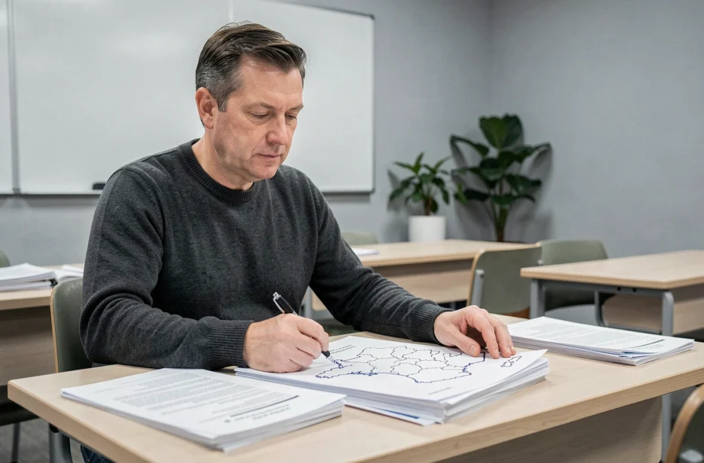 Homme déposant une carte de France imprimée simple sur des documents dans une salle de classe moderne