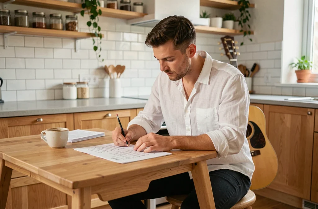 Homme adulte débutant en guitare acoustique Atlantic étudiant un tableau d'accords dans une cuisine, avec la guitare posée contre la table