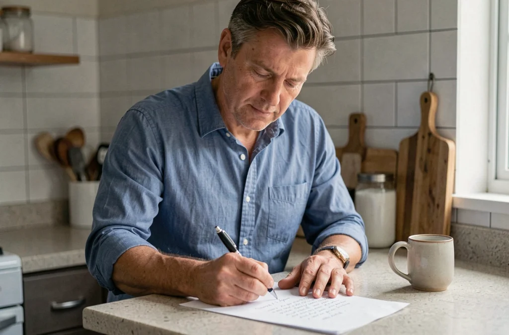 Homme rédigeant une lettre manuscrite en cuisine illustrant l'usage correct du verbe envoyer