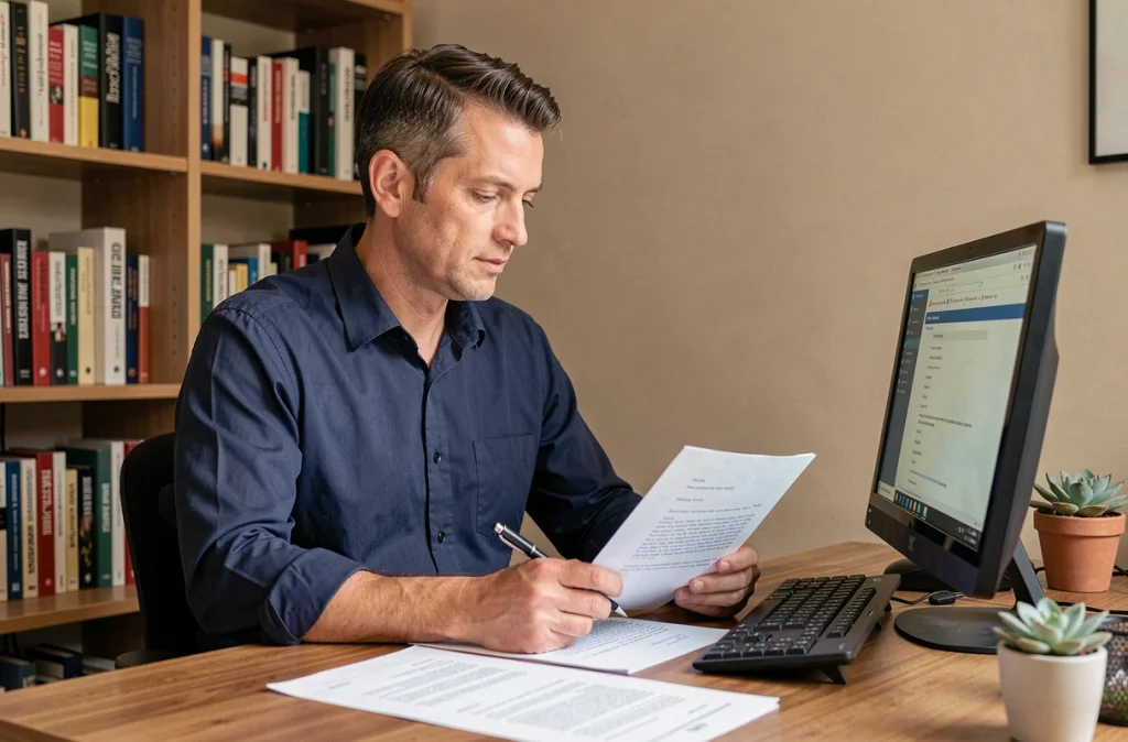 Homme en télétravail relisant un mail de remerciement professionnel dans son bureau à domicile