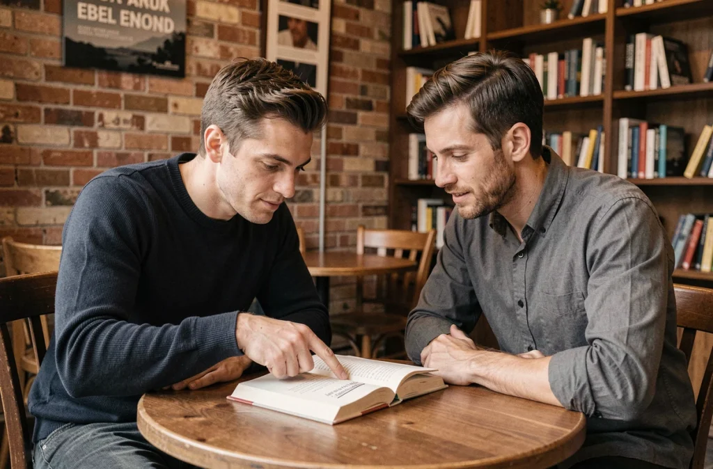 Deux hommes en discussion dans un café autour d'une citation spirituelle dans un livre