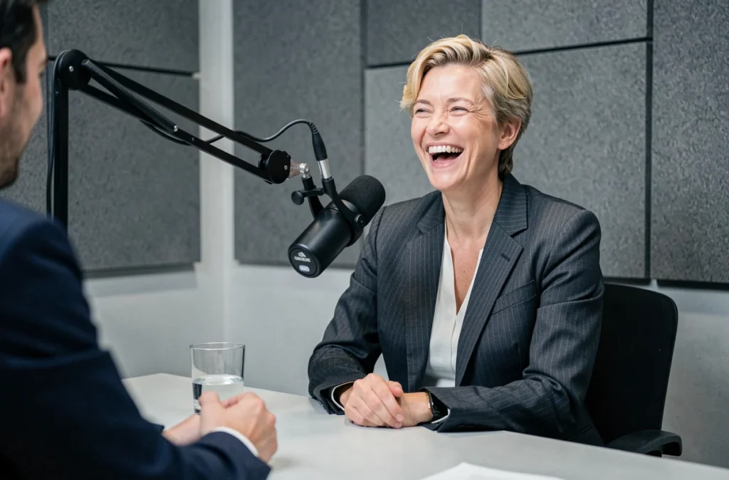 Humoriste française blonde en studio radio ou podcast, riant franchement lors d'une interview dans un cadre professionnel