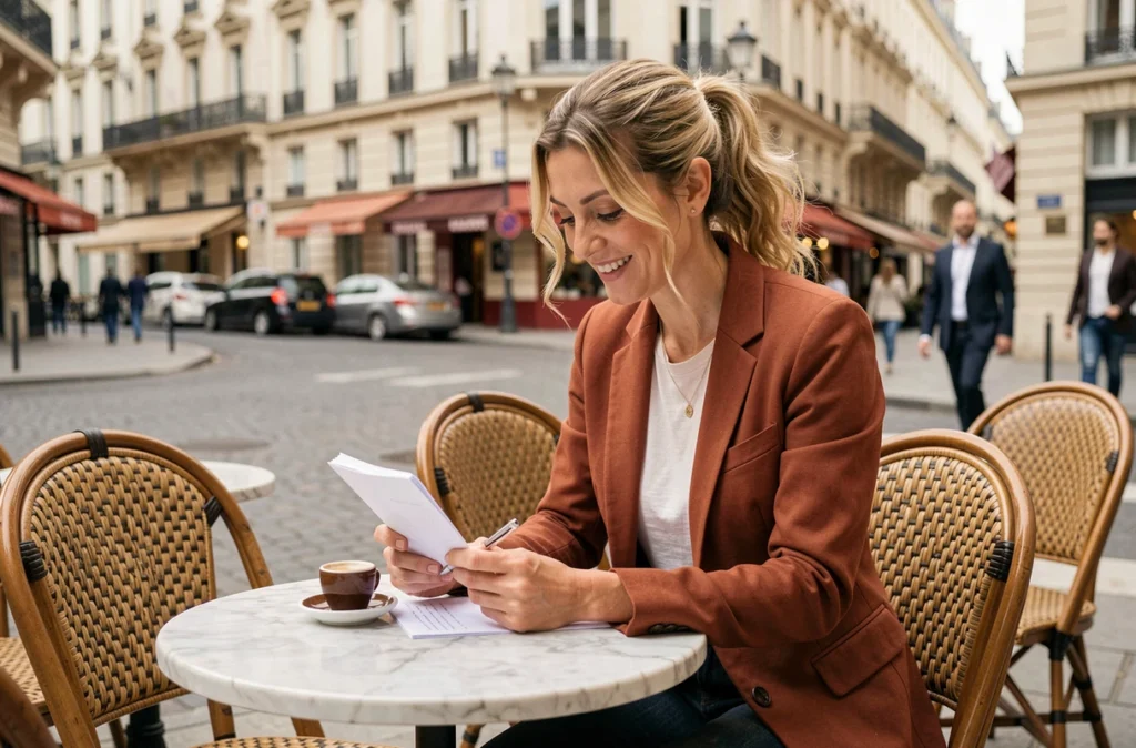 Humoriste française blonde en terrasse parisienne révisant ses notes avec une expression concentrée et amusée