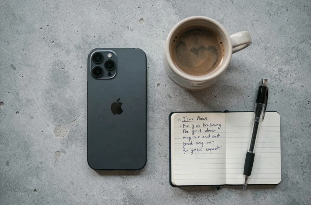 Flatlay éditorial d'un iPhone 16e posé sur une surface en béton avec un carnet de notes et une tasse à café, vue de dessus