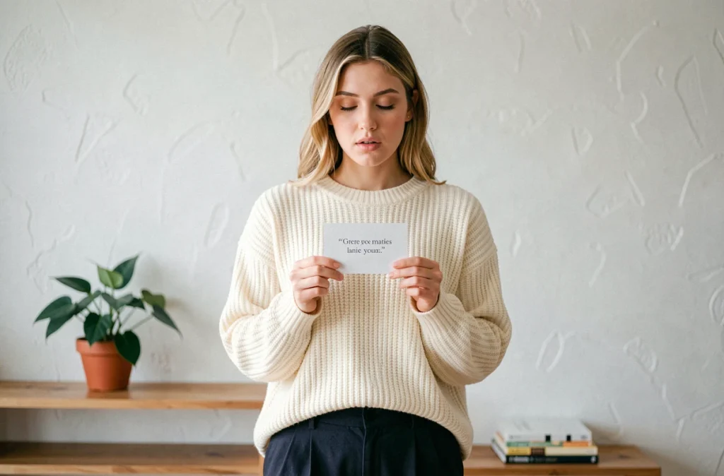 Jeune femme dans un appartement minimaliste tenant une carte avec une citation spirituelle les yeux fermés
