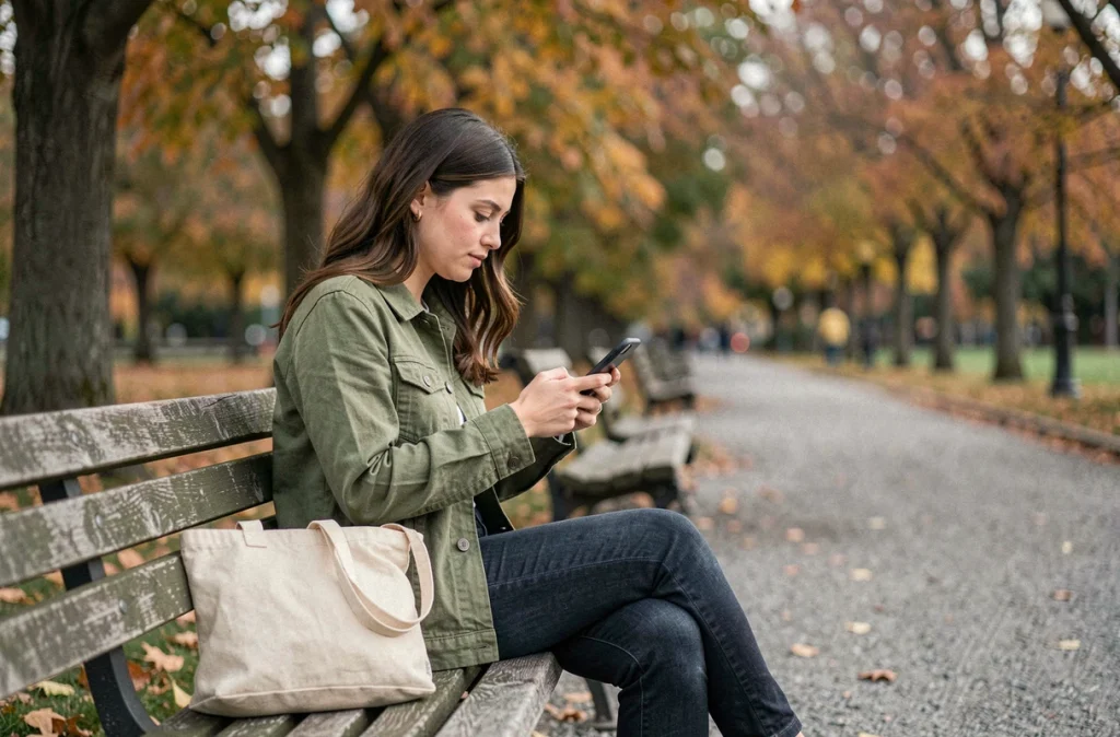 Jeune femme dans un parc envoyant un message sur son téléphone, illustrant la conjugaison du verbe envoyer
