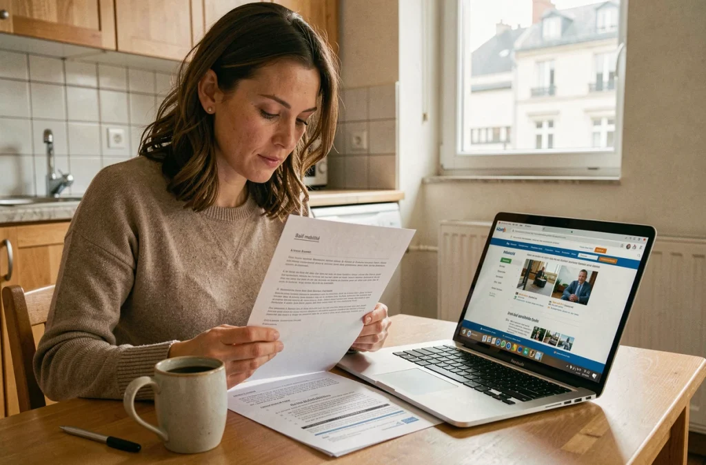 Femme lisant attentivement un contrat de bail mobilité à la table de cuisine de son logement meublé