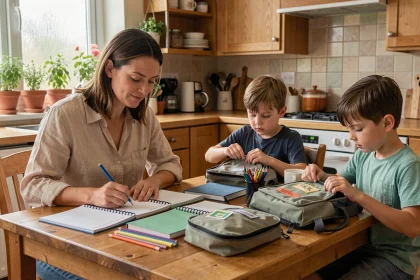 Mère organisant la rentrée scolaire avec ses deux fils autour d'une table de cuisine remplie de fournitures scolaires