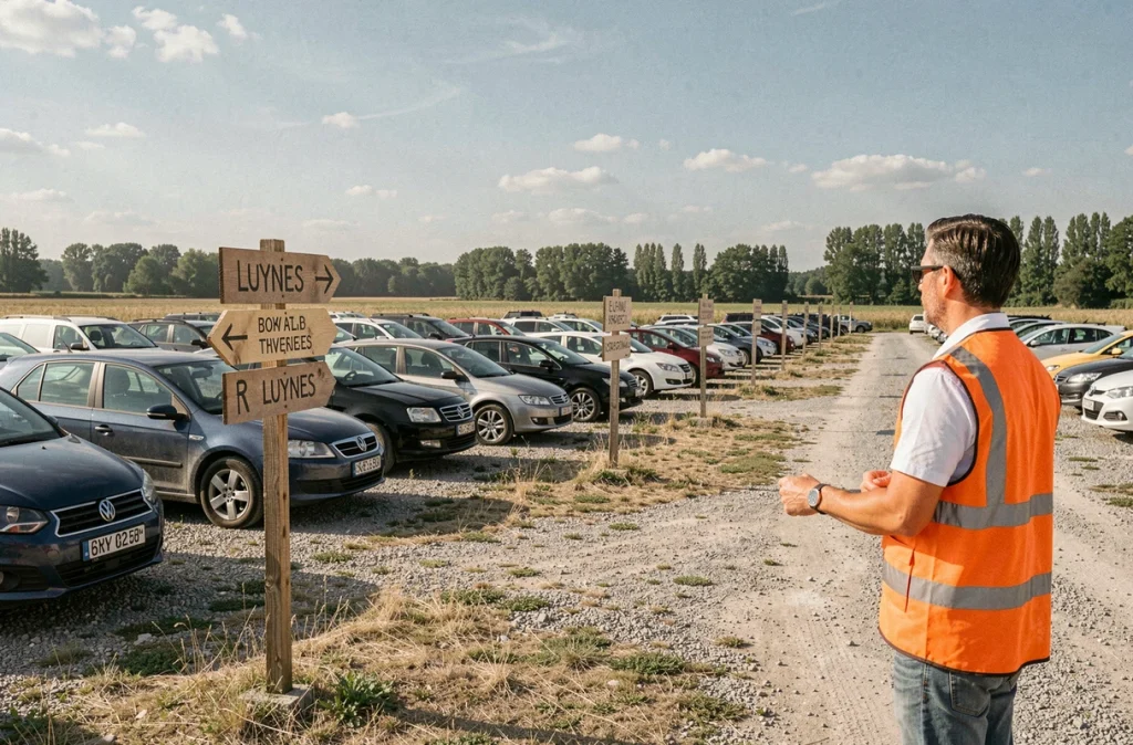 Parking temporaire sur terrain herbeux pour le festival de Luynes avec signalétique et agent de circulation