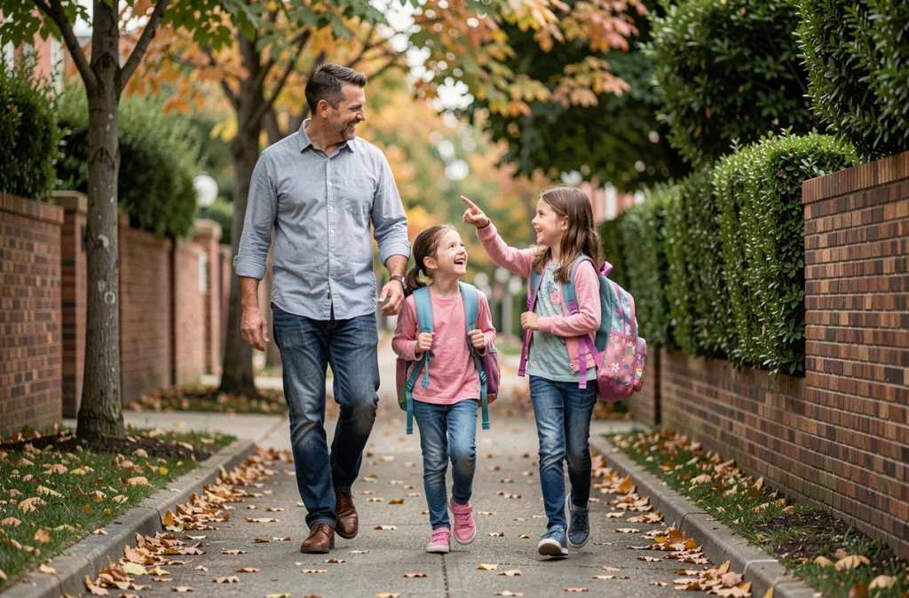 Père accompagnant ses deux filles à l'école sur un trottoir ombragé en début de rentrée scolaire