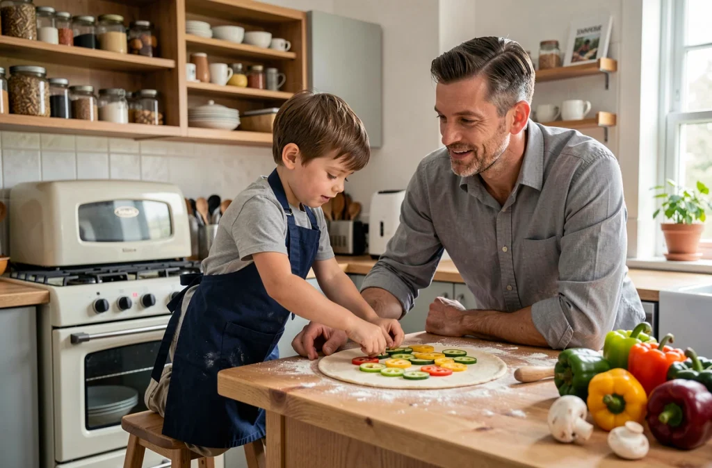Un garçon de 9 ans dispose des légumes sur une pizza avec son père dans une cuisine conviviale