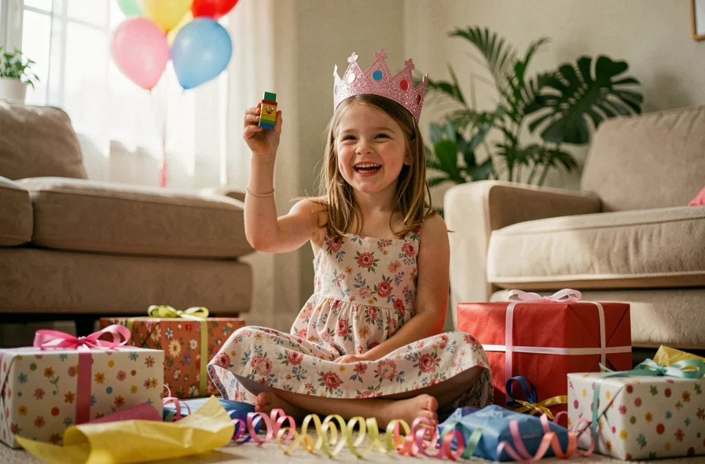 Petite fille heureuse avec une couronne d'anniversaire découvrant ses cadeaux dans le salon