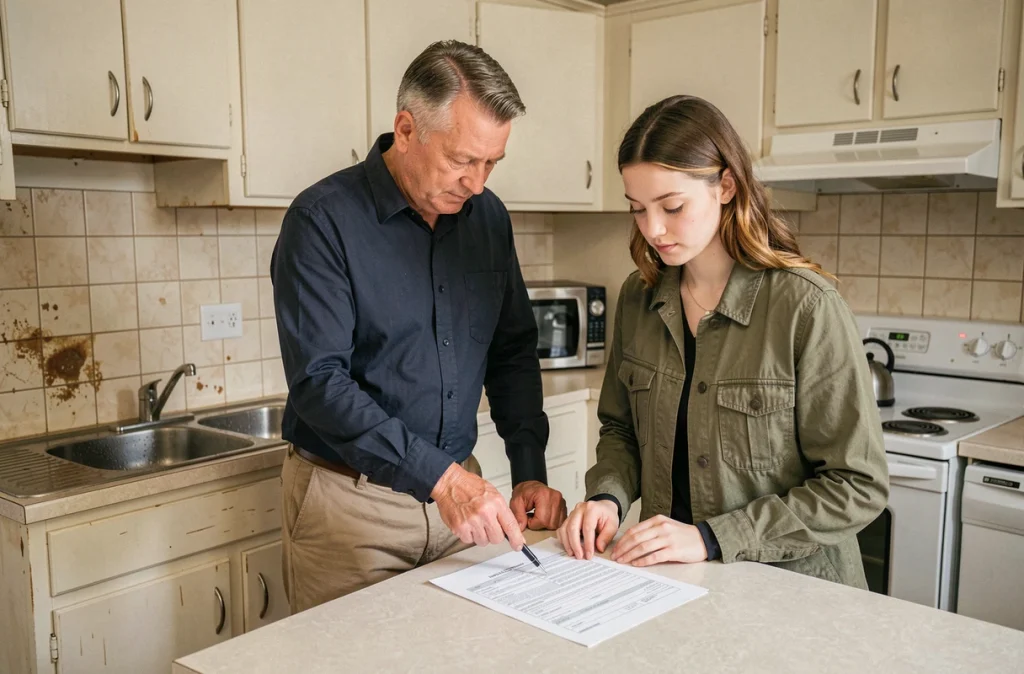 Propriétaire et locataire examinant ensemble un formulaire d'état des lieux dans la cuisine d'un logement en location