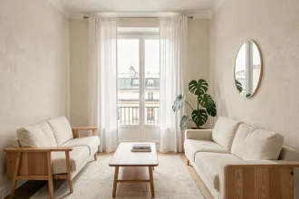 Salon d'appartement parisien optimisé avec de grandes fenêtres, rideaux blancs ouverts et miroir mural pour maximiser la luminosité naturelle