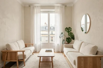Salon d'appartement parisien optimisé avec de grandes fenêtres, rideaux blancs ouverts et miroir mural pour maximiser la luminosité naturelle