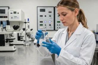 Scientifique en laboratoire analysant la qualité de l'eau purifiée avec un équipement de traitement hydrodynamique