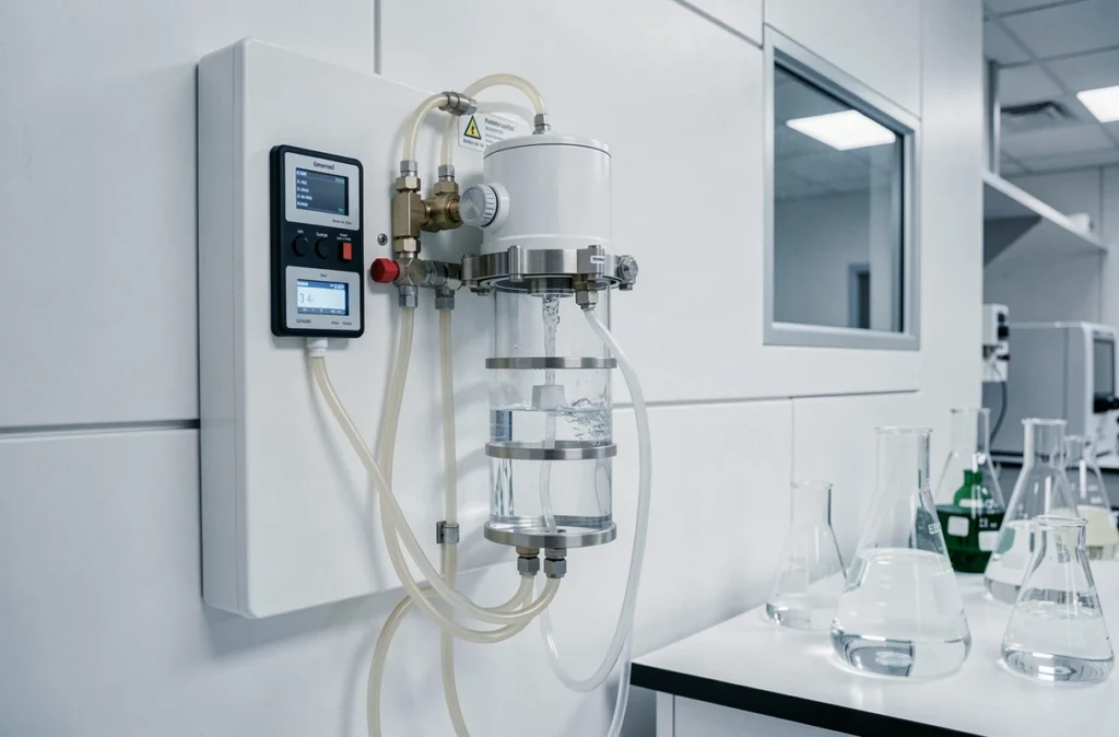 Système de purification hydrodynamique de l'eau installé dans un laboratoire analytique moderne