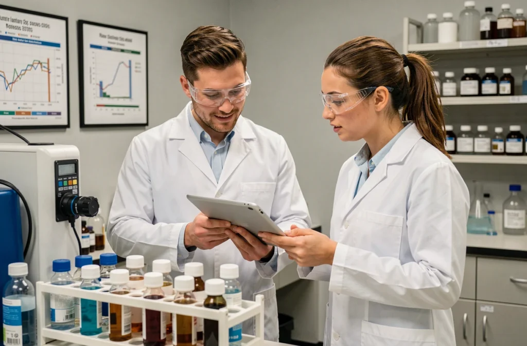 Techniciens de laboratoire collaborant sur l'analyse de la qualité de l'eau avec le système Chorus hydrodynamique