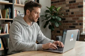 Homme utilisant un VPN sur son ordinateur portable dans un bureau à domicile moderne