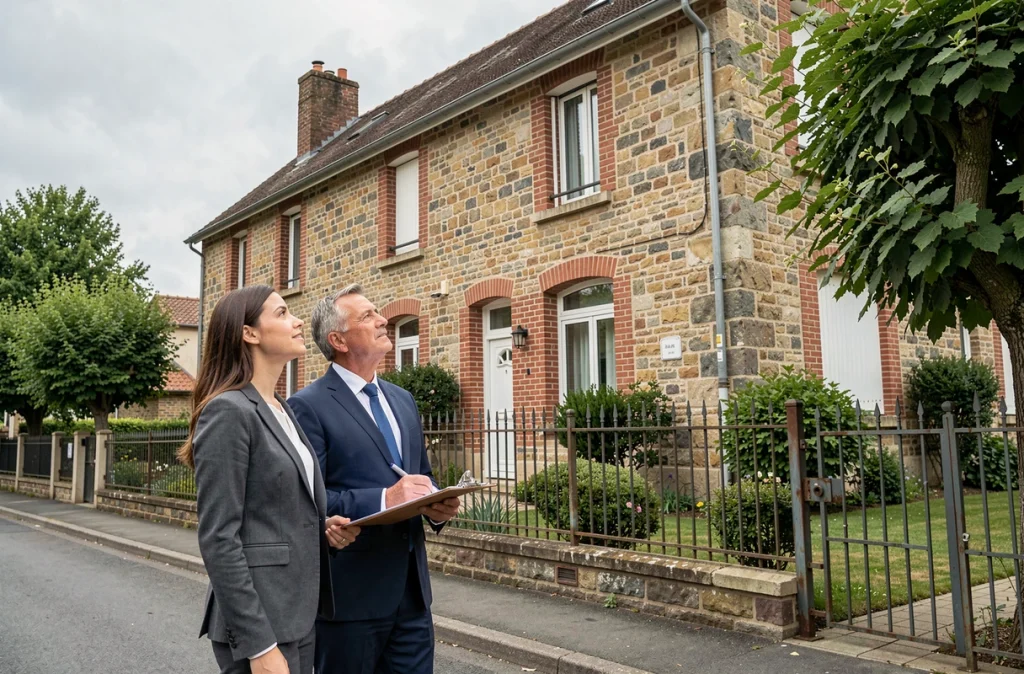 Femme et agent immobilier visitant la façade d'une maison lors d'une étape clé d'un premier achat immobilier