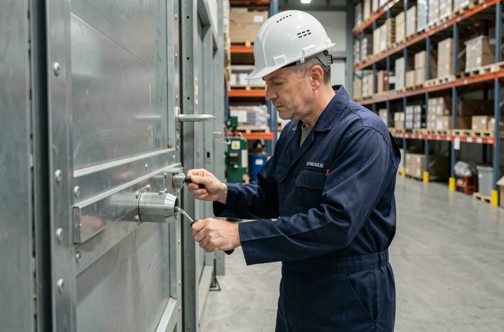 Serrurier industriel d'ACERTIM inspectant une serrure sur une porte industrielle dans un entrepôt du Tarn