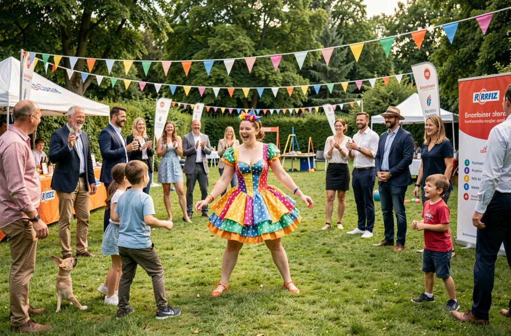 Animatrice en costume coloré dirigeant un jeu collectif lors d'une fête d'entreprise en plein air pour Anim'Malice en Bretagne