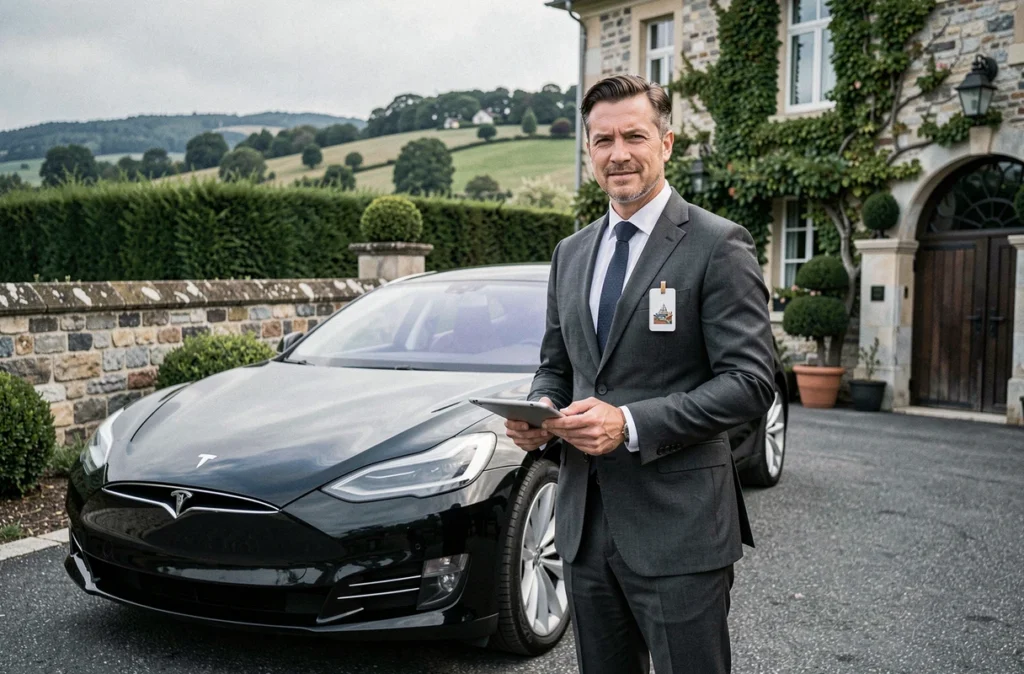 Chauffeur Aprivatetrip en costume gris foncé tenant une tablette à côté d'une Tesla Model S noire dans l'allée d'une villa privée en périphérie de Lyon