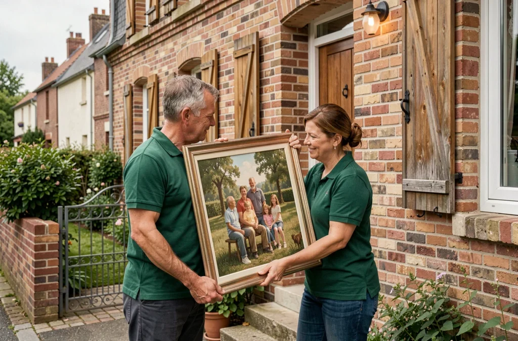 Duo de Blanquart Déménagements portant un tableau encadré depuis une maison en brique du Nord, évoquant un service familial attentionné