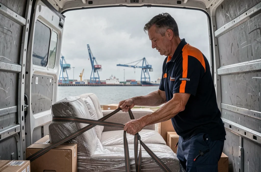 Déménageur de Carpentier Déménagements sécurisant du mobilier dans un camion avec le port de Dunkerque visible en arrière-plan