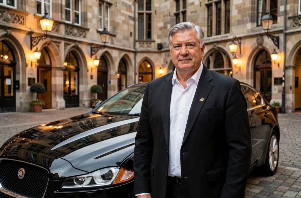 Chauffeur Gold Service élégant aux tempes grisonnantes en veste noire et chemise blanche devant une Jaguar XF noire sur les pavés du Vieux-Lyon