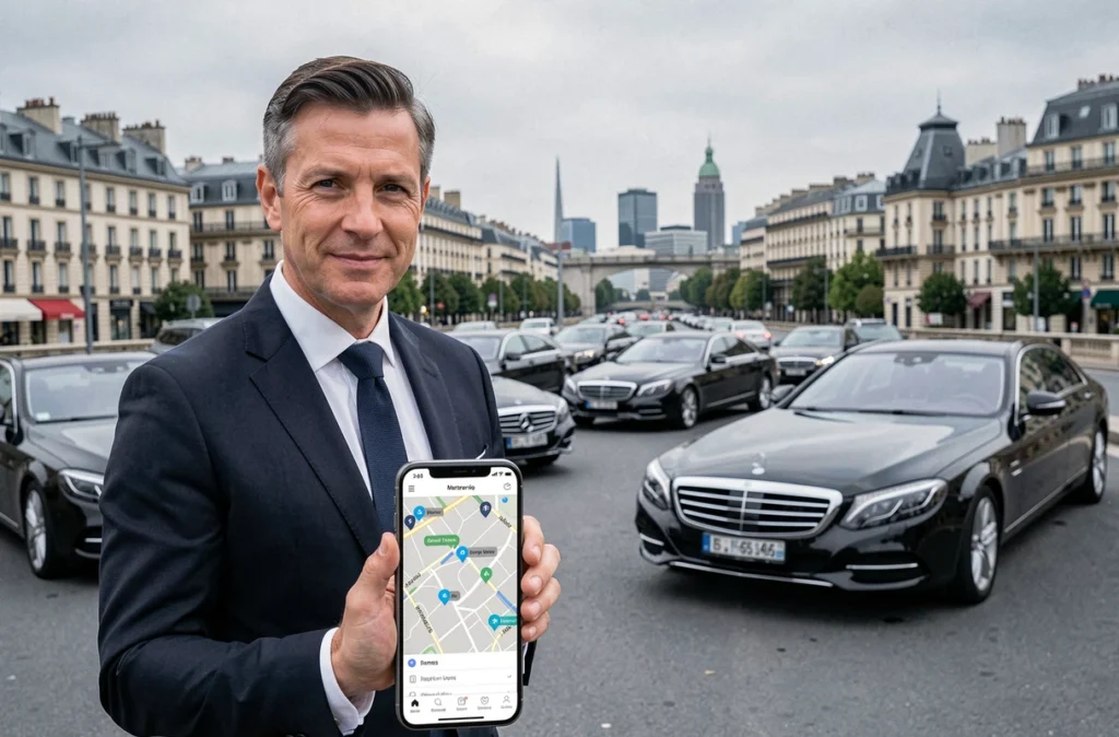 Chauffeur privé en costume sombre tenant un smartphone avec une carte de réseau partenaire devant une flotte de berlines noires et le panorama urbain de Lyon