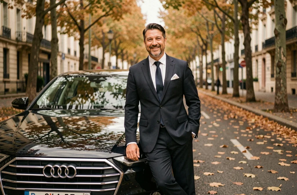 Chauffeur VTC Djems en costume bleu marine appuyé contre une Audi A8 noire sur une avenue arborée du 6ème arrondissement de Lyon en automne