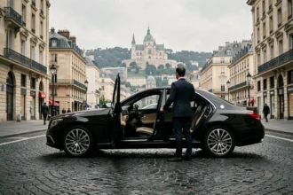 Chauffeur VTC professionnel en costume noir debout à côté d'une berline de luxe sur un boulevard lyonnais avec la basilique de Fourvière en arrière-plan
