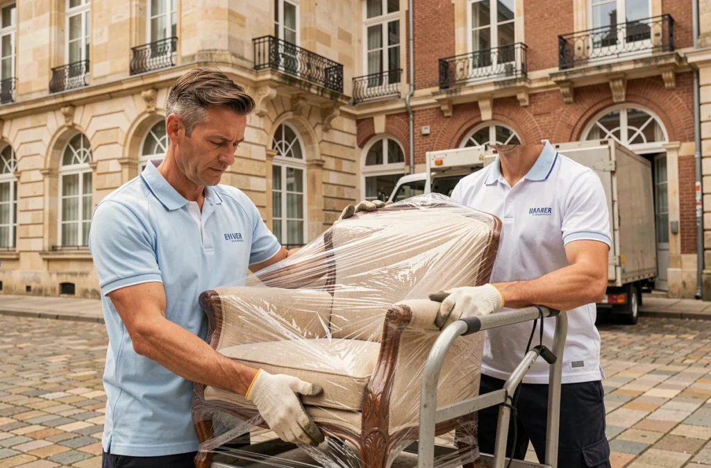 Déménageur de Delecroix Déménagements manipulant un fauteuil emballé devant un immeuble classique de Valenciennes, illustrant un service régional fiable