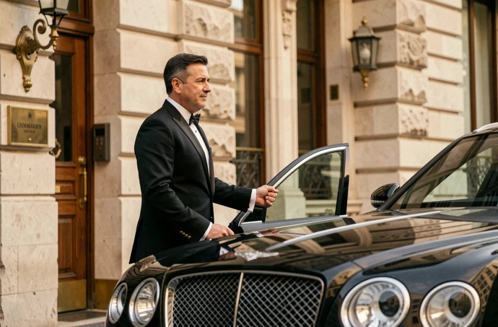 Chauffeur Driver VIP en smoking noir avec boutons de manchette dorés ouvrant la porte d'une Bentley Flying Spur devant un hôtel de luxe lyonnais