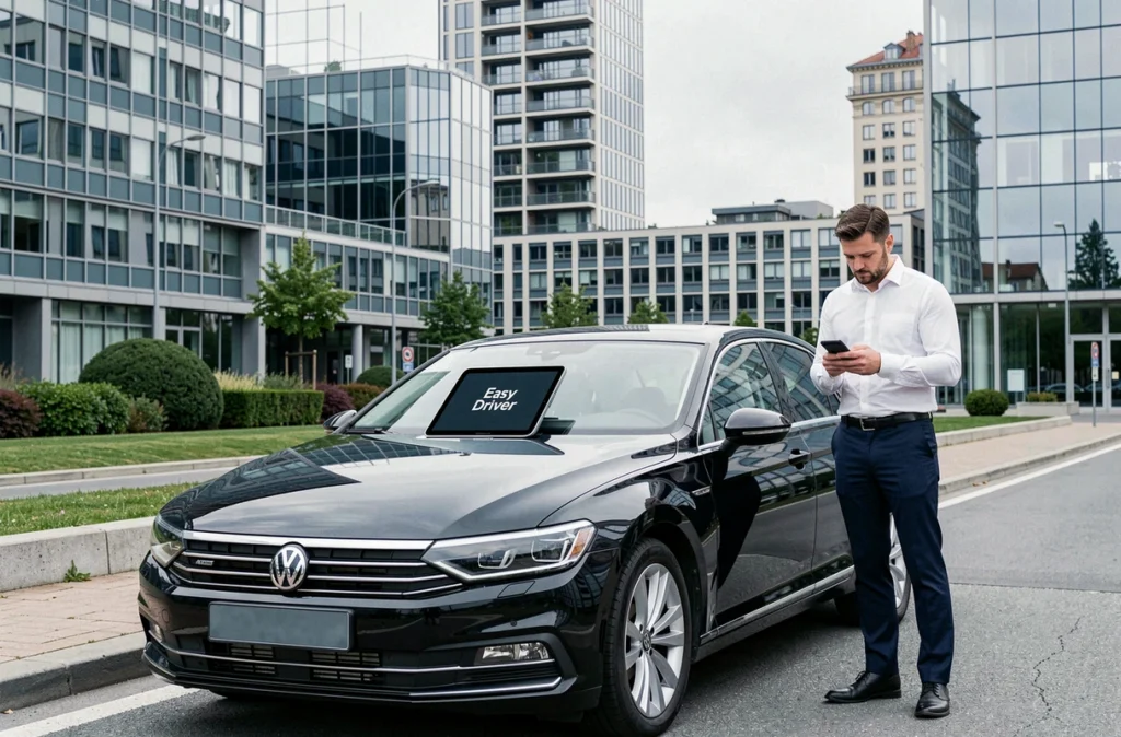 Chauffeur Easy Driver VTC en chemise blanche à côté d'une berline noire dans le quartier d'affaires moderne de Lyon