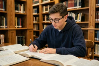 Étudiant en bibliothèque révisant le mythe de Prométhée avec des livres de mythologie ouverts et des notes manuscrites