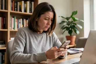 Femme consultant son smartphone pour protéger sa vie privée depuis son bureau à domicile