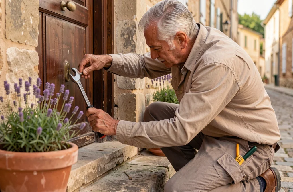 Serrurier Georges Amen intervenant sur une porte ancienne lors d'une urgence dans un village du Tarn