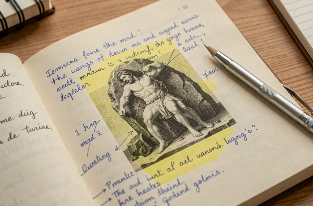 Gros plan sur un manuel scolaire ouvert avec une illustration du mythe de Prométhée enchaîné, annoté au stylo bleu et surligné
