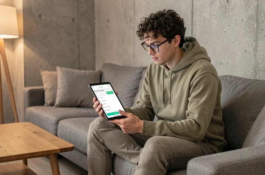 Jeune homme consultant une application de recherche inversée sur tablette pour protéger sa vie privée