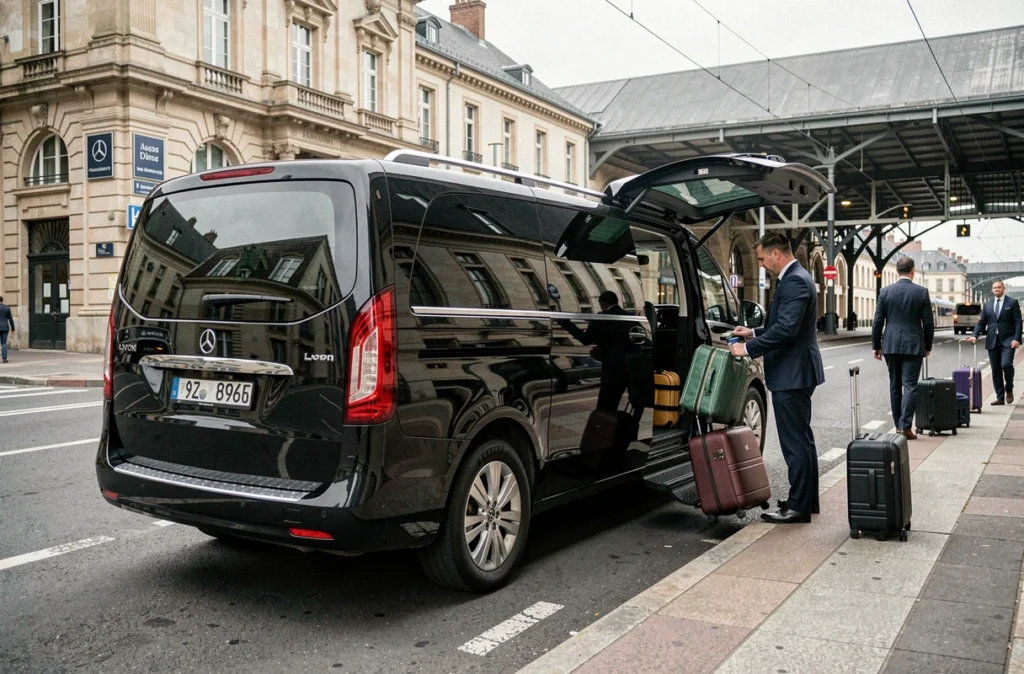 Chauffeur VTC chargeant des bagages dans un minivan Mercedes Classe V noir devant une gare lyonnaise pour un service de transfert navette