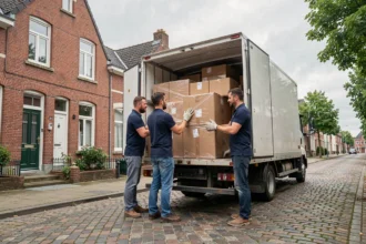 Équipe de déménageurs professionnels chargeant un camion devant une maison en brique rouge typique du Nord de la France