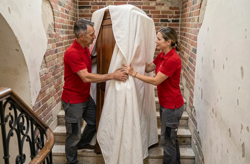 Équipe NC Déménagement emballant une armoire dans un escalier en brique d'un immeuble du Nord pour un déménagement local