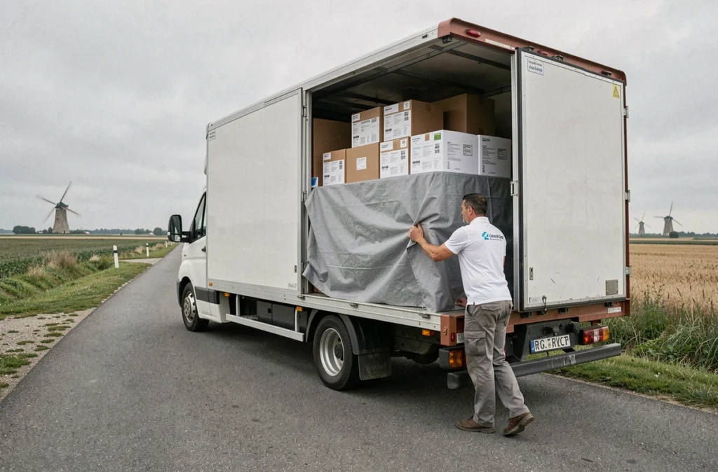 Professionnel de Nord Déménagement chargeant un camion sur une route régionale du Nord avec paysage plat en arrière-plan pour un déménagement toutes distances